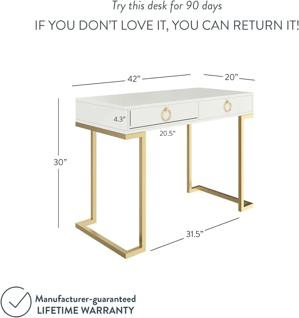 White desk with gold legs in a modern home setting